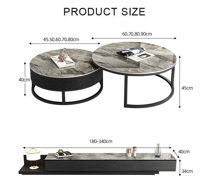 Gibs Nesting Coffee Table With TV Stand Set, Sintered Stone-Weilai Concept