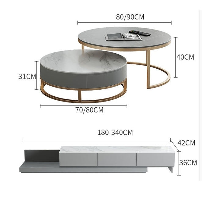 Lvinta Grey Round Nesting Coffee Table, Gold Base-Weilai Concept