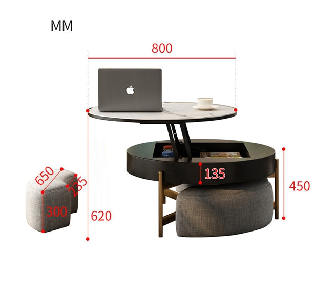 Josiah Round Lift-Top Coffee Table With 3 Small Benches, Linen-Weilai Concept