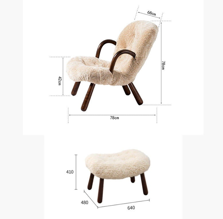 Classic Sheepskin Clam Armchair, Wood Armrest, Clearance-Weilai Concept