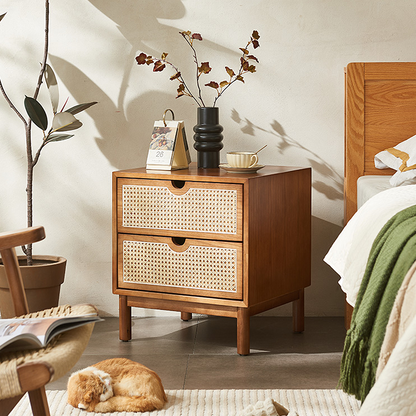 Kogi Bedside Table Solid Wood, Rattan-Weilai Concept