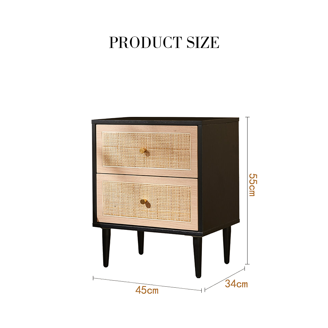 Tsaatan Wood Bedside Table, Rattan, Black-Weilai Concept