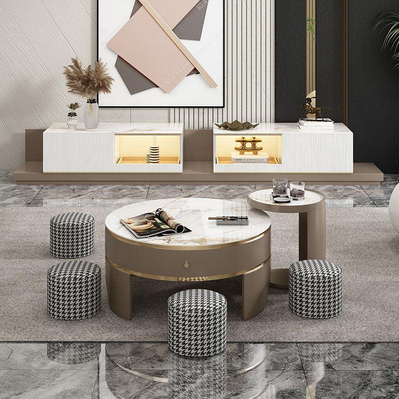 Umi Round Coffee Table Set with 4 Stools With TV Stand | Weilai Concept