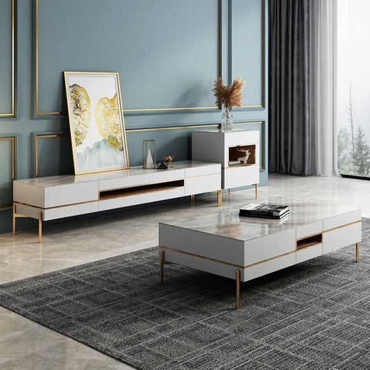 VIda Rectangle Coffee Table Set With TV Stand, Gold Leg | Weilai Concept