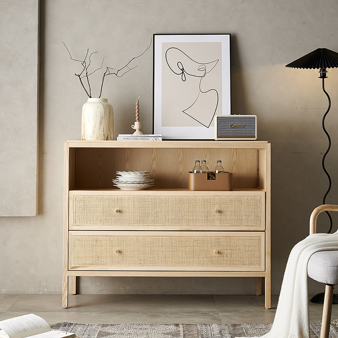 San Vintage Sideboard, Rattan & Solid Wood, Oak-Weilai Concept