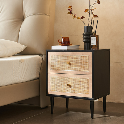 Tsaatan Wood Bedside Table, Rattan, Black-Weilai Concept