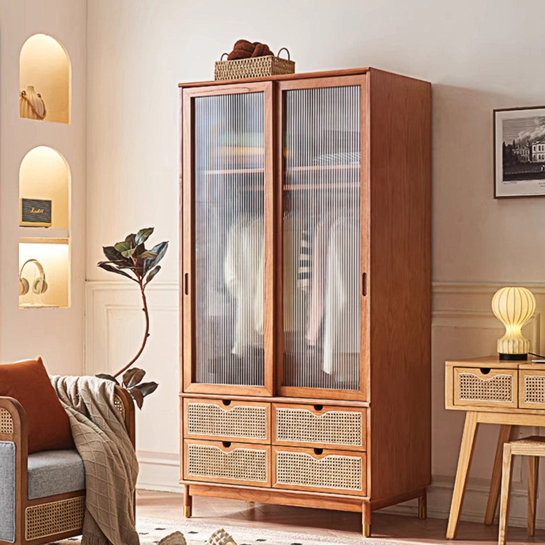 Fritzy Rattan Wardrobe With Coat Hanger & Sliding Glass Doors-Weilai Concept