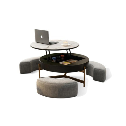 Josiah Round Lift-Top Coffee Table With 3 Small Benches, Linen | Weilai Concept