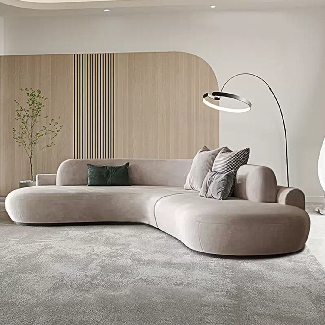 Cosima Grey Three Seater Long Curved Sofa, Velvet-Weilai Concept