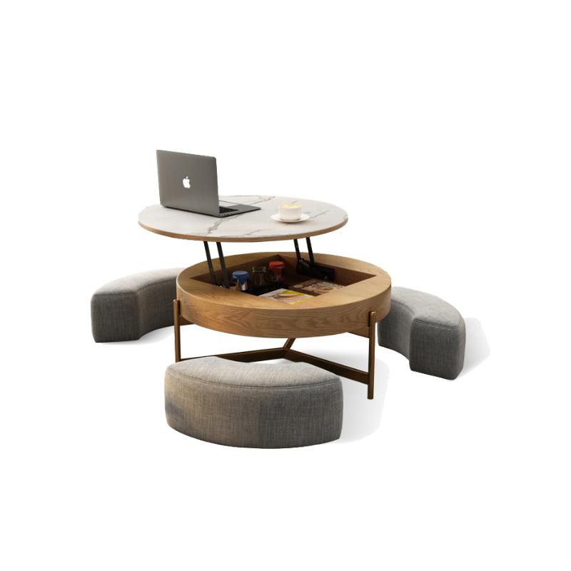 Josiah Round Lift-Top Coffee Table With 3 Small Benches, Linen | Weilai Concept