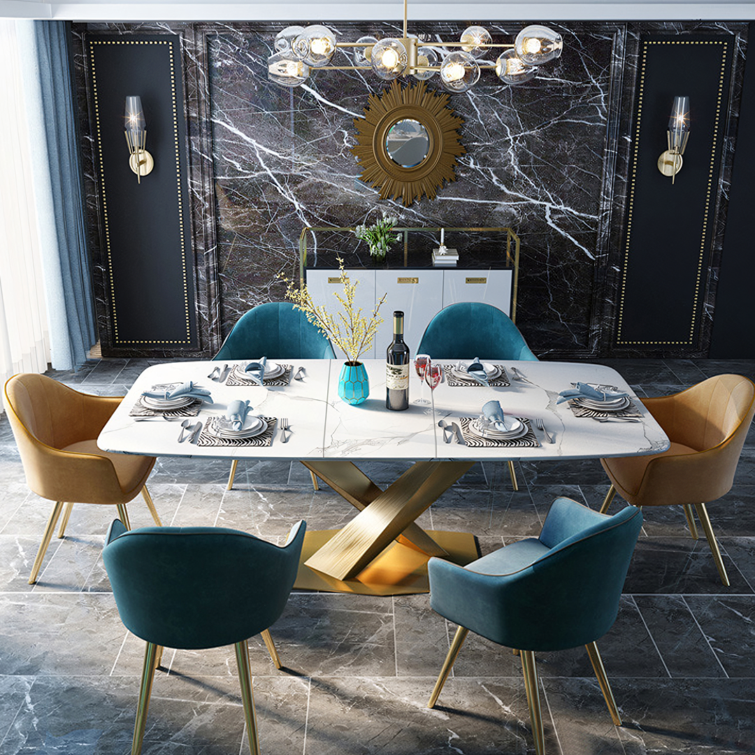 LUCI Dining Table, Marble And Gold Metal