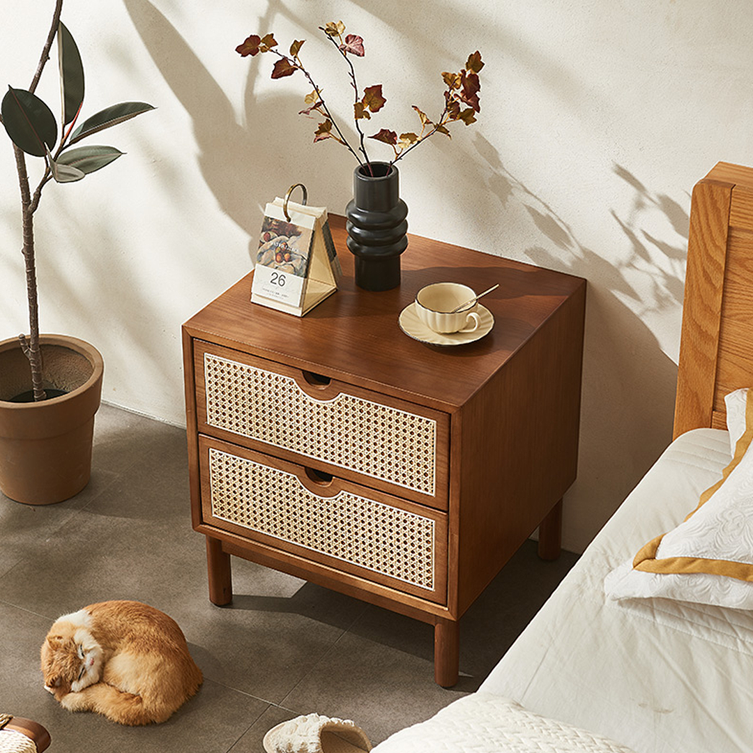 Kogi Bedside Table Solid Wood, Rattan-Weilai Concept