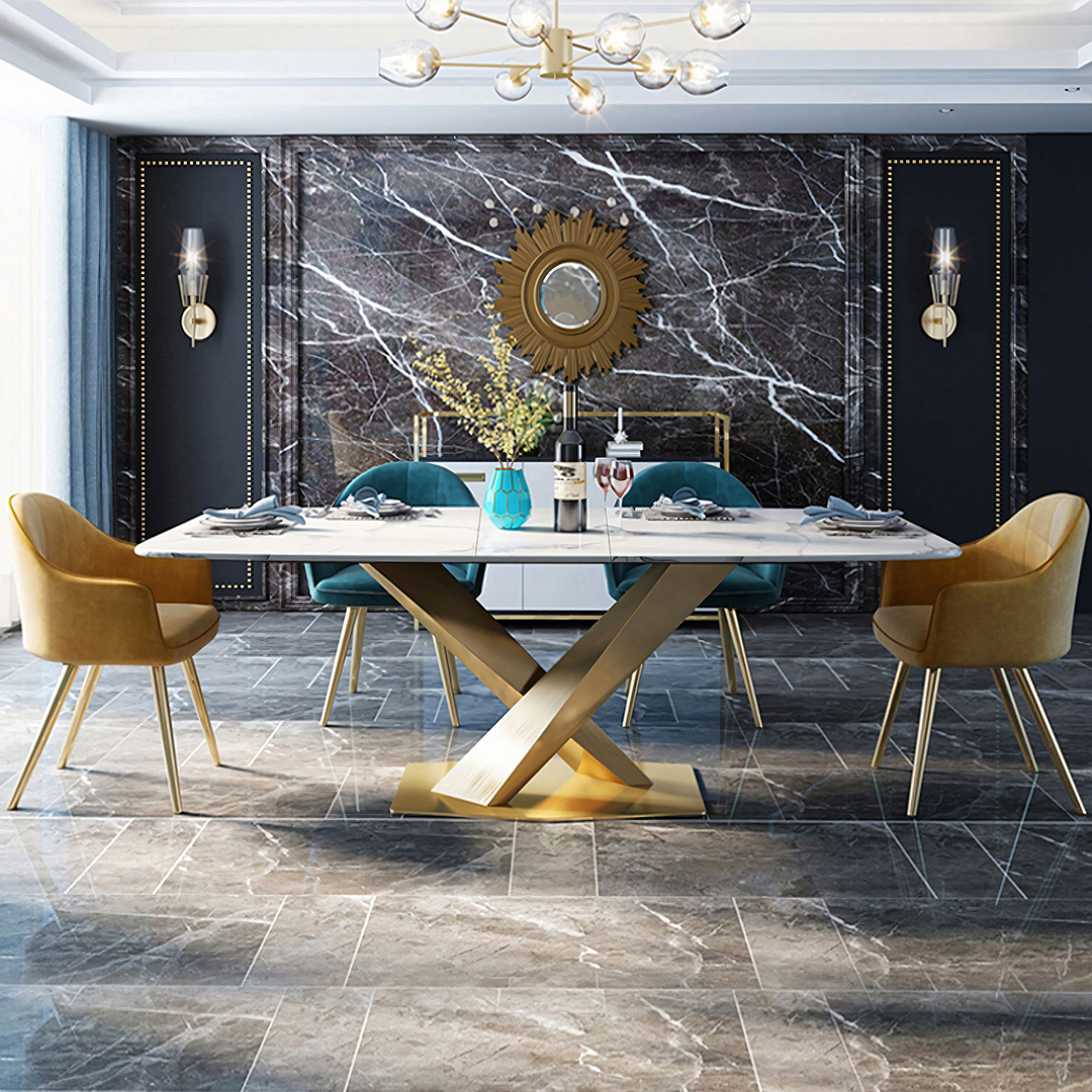 LUCI Dining Table, Marble And Gold Metal