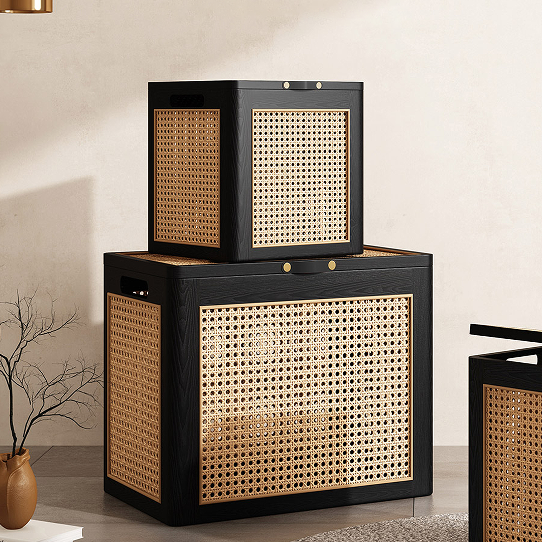 Aka Solid Wood Storage Box With Lid, Rattan Ottoman-Weilai Concept