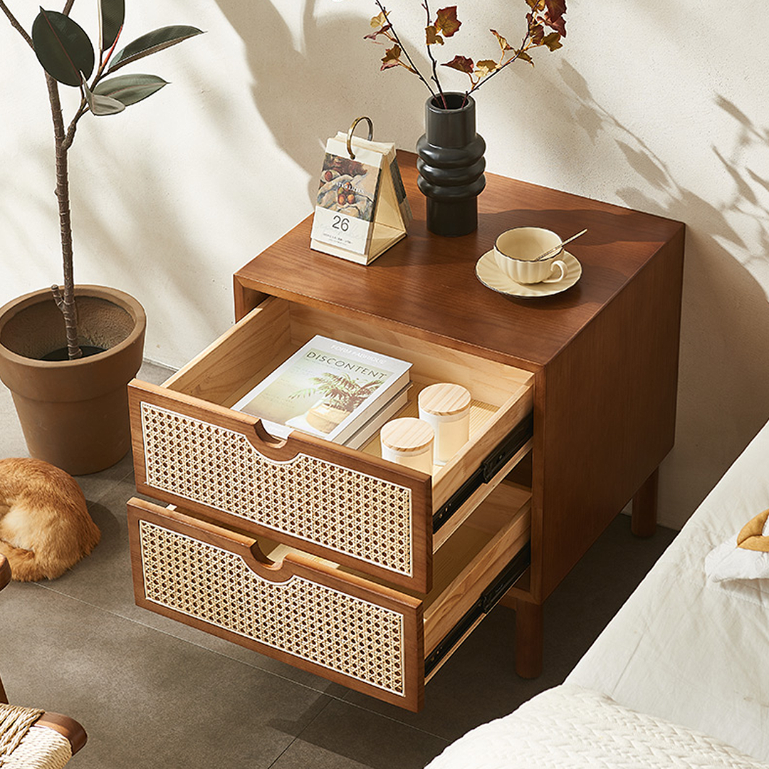 Kogi Bedside Table Solid Wood, Rattan-Weilai Concept