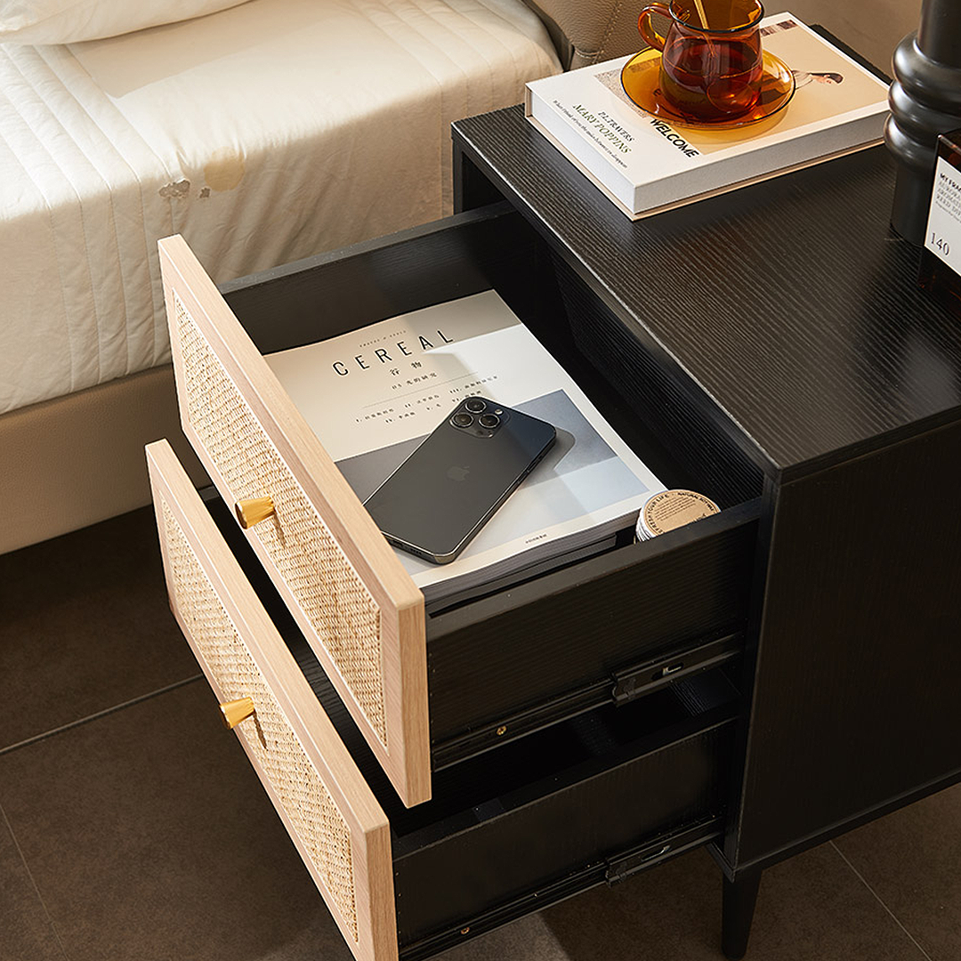 Tsaatan Wood Bedside Table, Rattan, Black-Weilai Concept