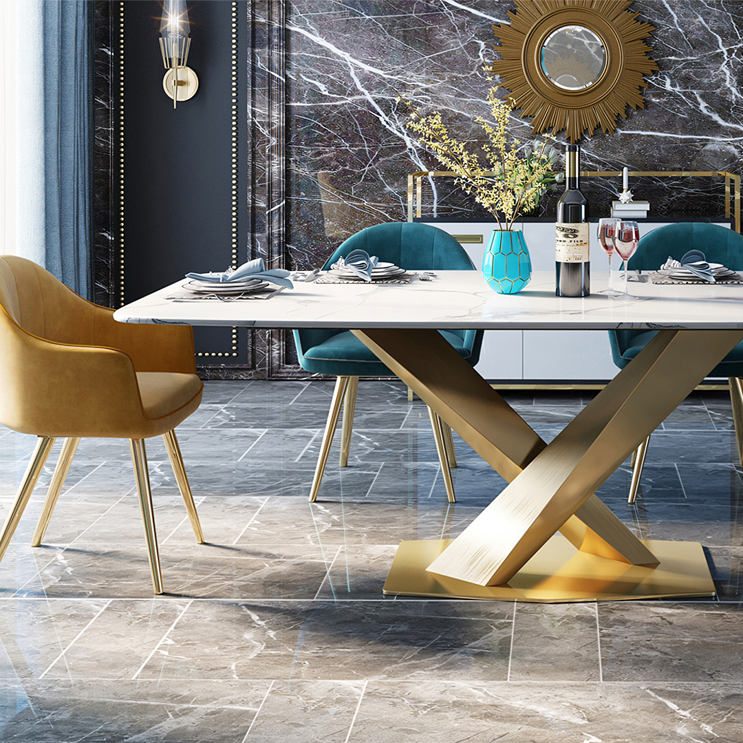 LUCI Dining Table, Marble And Gold Metal