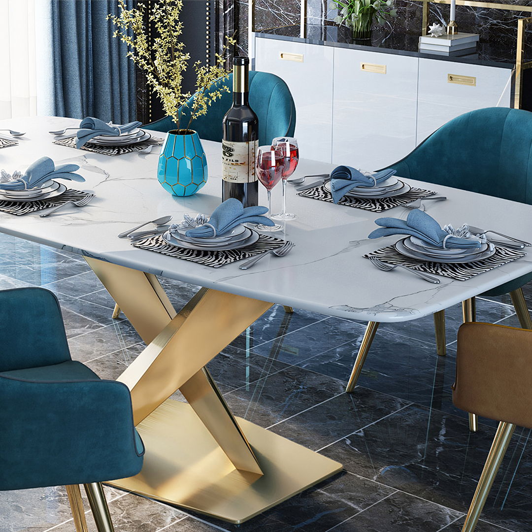 LUCI Dining Table, Marble And Gold Metal