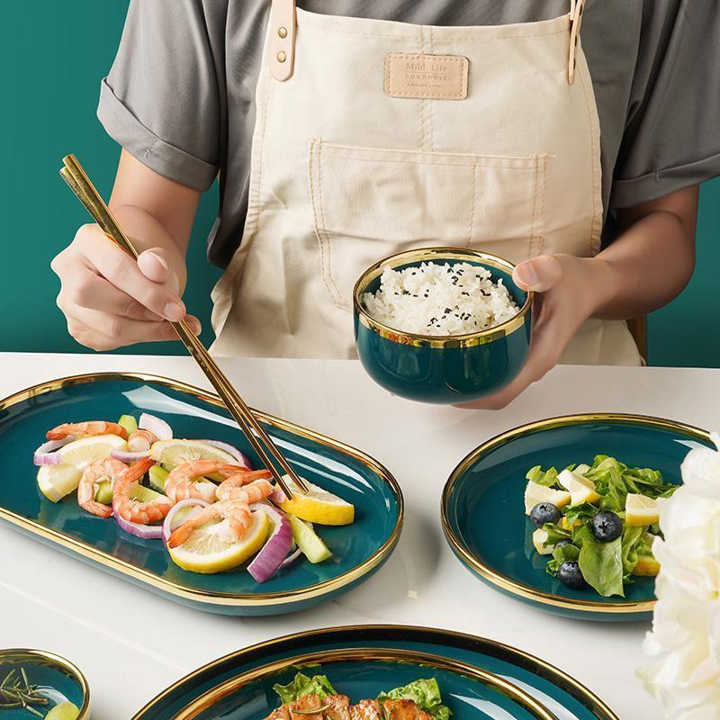 9 Piece Dinner Set, Green And Gold | Weilai Concept