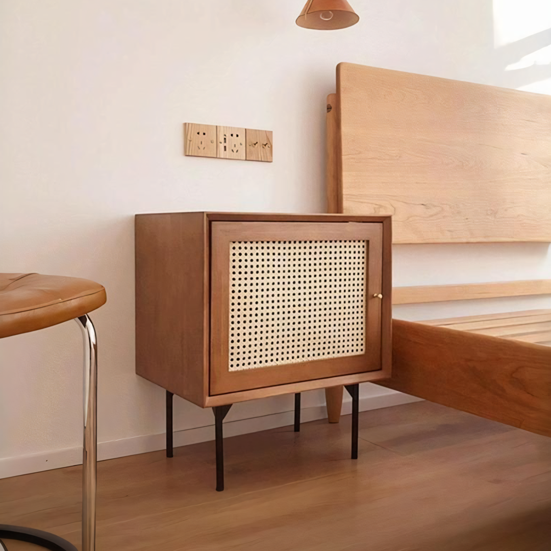 Cane Bedside Table, Natural Rattan & Wood