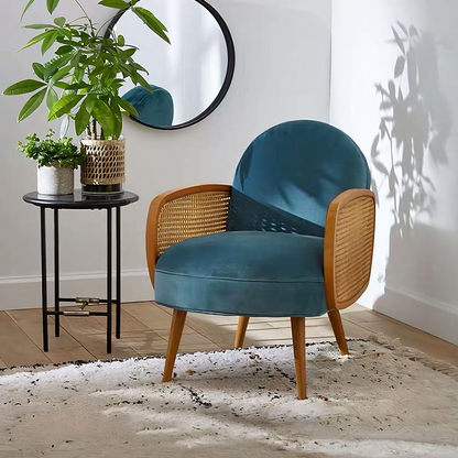 Cane Rattan Armchair, Velvet