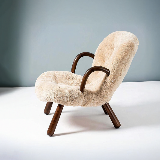 Classic Sheepskin Clam Armchair, Wood Armrest