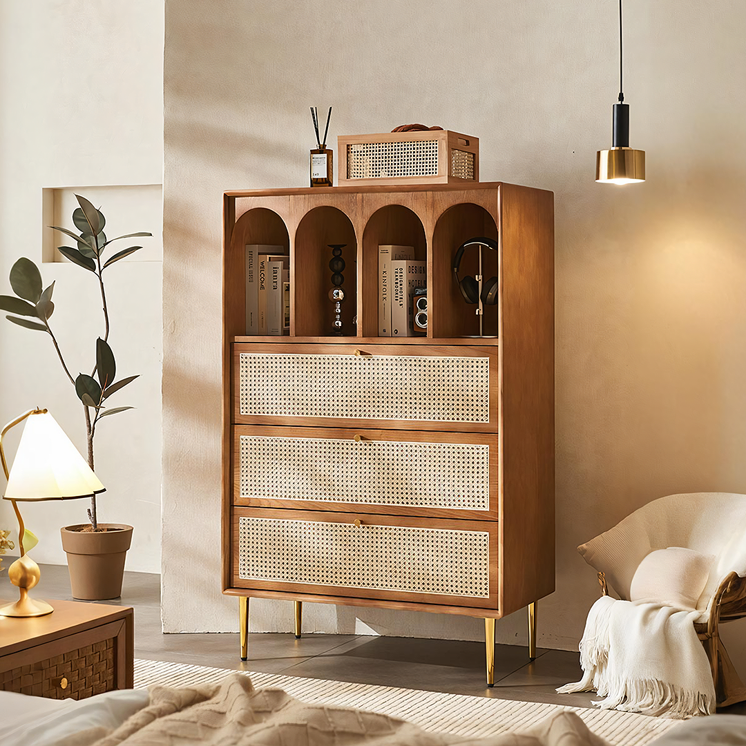 Maasai Tall Sideboard, Rattan & Solid Wood Cabinet