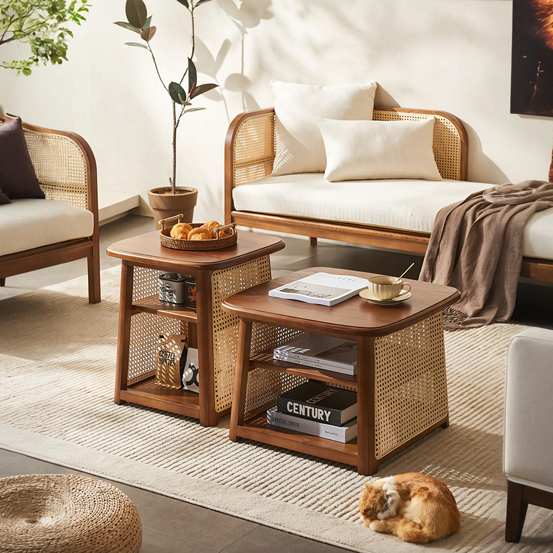 Nordic Square Coffee Table Set, Rattan