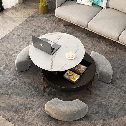 Josiah Round Lift-Top Coffee Table With 3 Small Benches, Linen | Weilai Concept