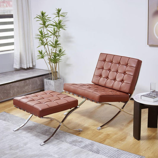 Barcelona Chair And Ottoman, Brown Leather | Weilai Concept