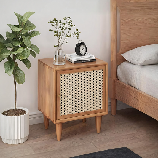 Tableau Rattan Bedside Table, Solid Wood