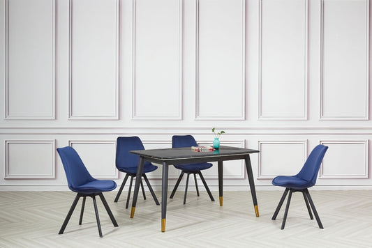 Evelyn Black Dining Table with 4 Navy Velvet Tulip Chairs