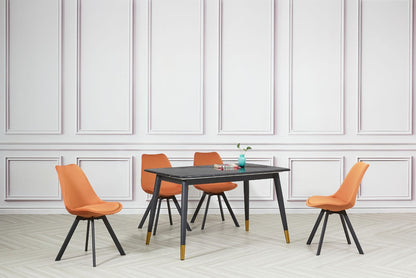 Evelyn Black Dining Table with 4 Orange Velvet Tulip Chairs