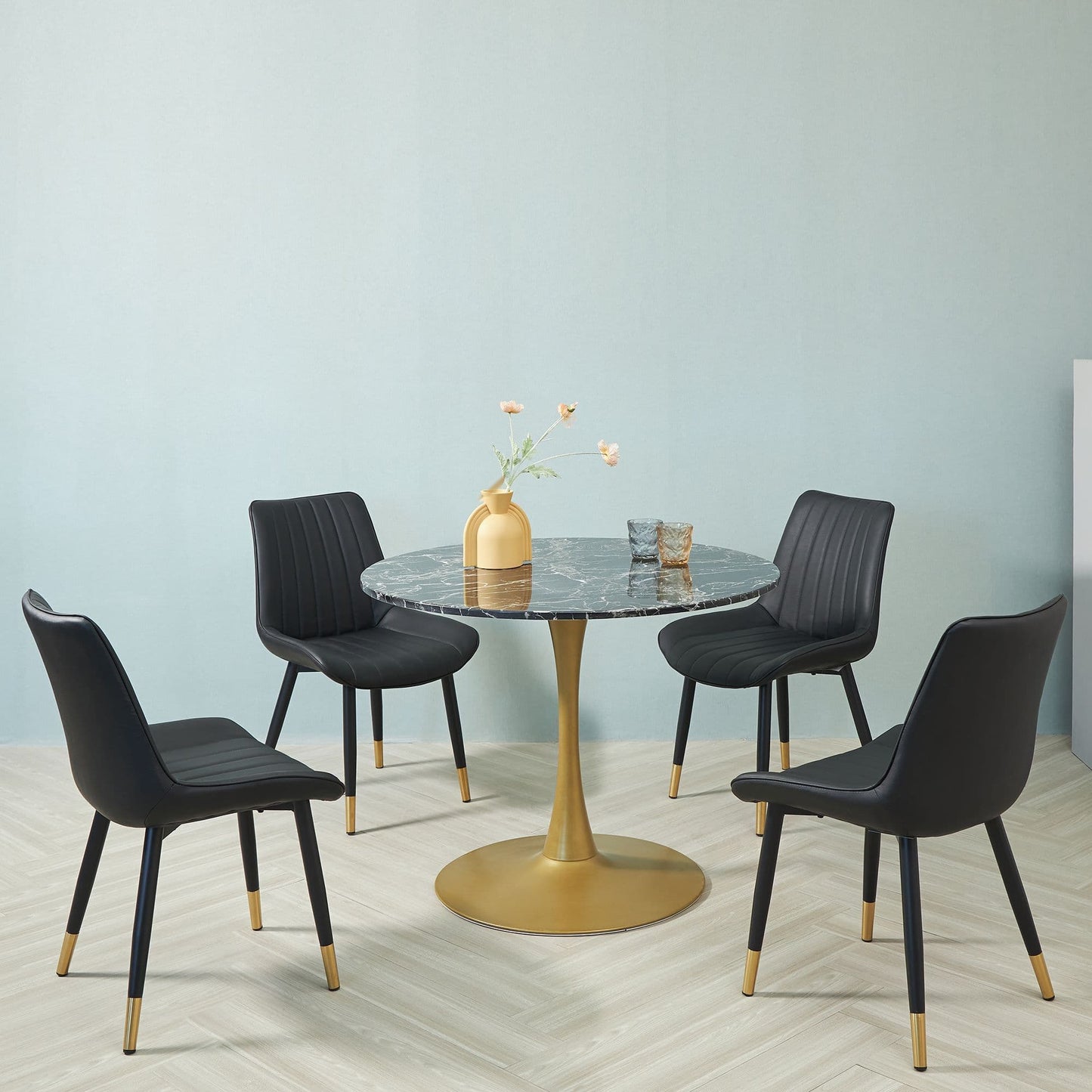 Noah Black Round Marble Table W/ 4 Brook Black Leather Chairs