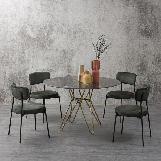 Noah Black Round Marble Table W/ 4 Deep Green Suede Chairs