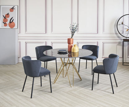 Noah Black Round Marble Table with 4 Velvet Bull Head Chairs