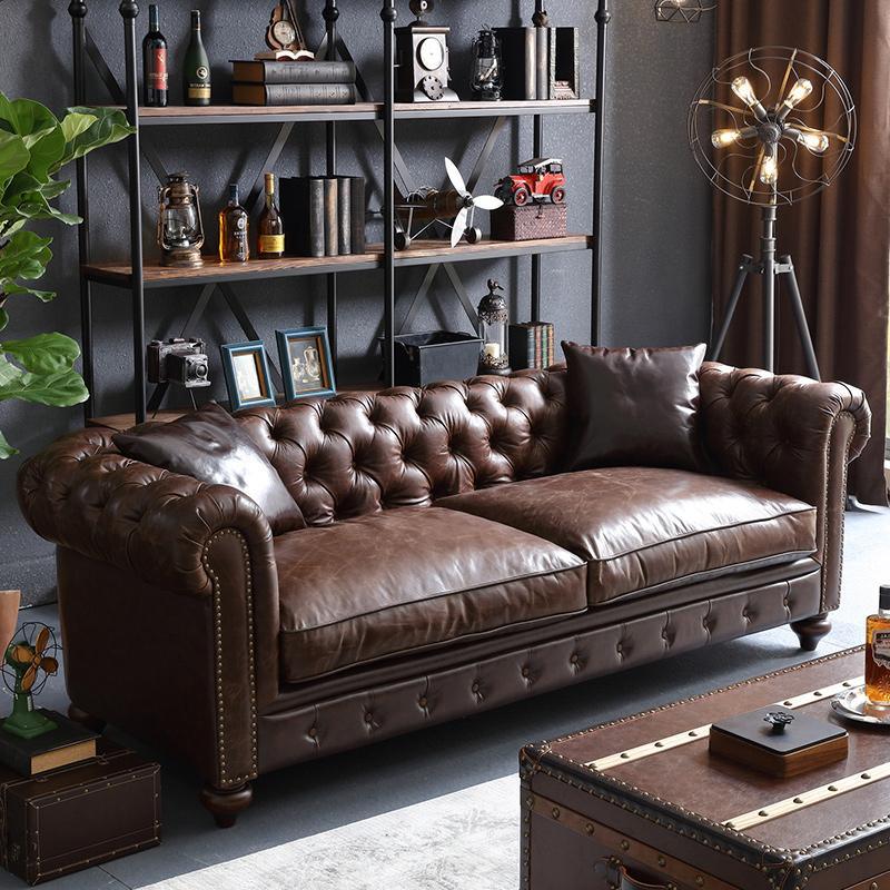 Chesterfield Two Seater Sofa, Drak Brown Real Leather | Weilai Concept