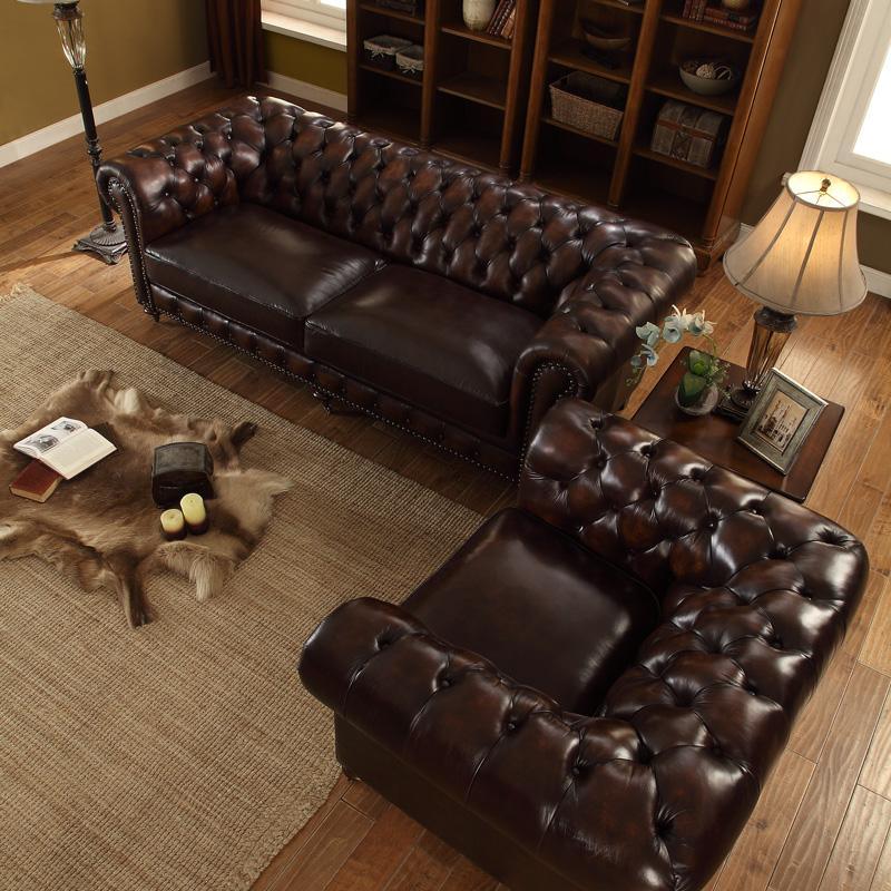 Chesterfield Two Seater Sofa, Drak Brown Real Leather | Weilai Concept