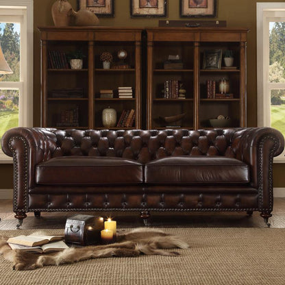 Chesterfield Two Seater Sofa, Drak Brown Real Leather | Weilai Concept