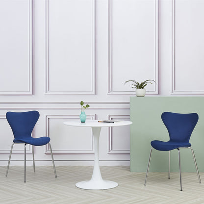 Heyden White Round MDF Dining Table with 2 Navy Stackable Chairs with Silver Legs