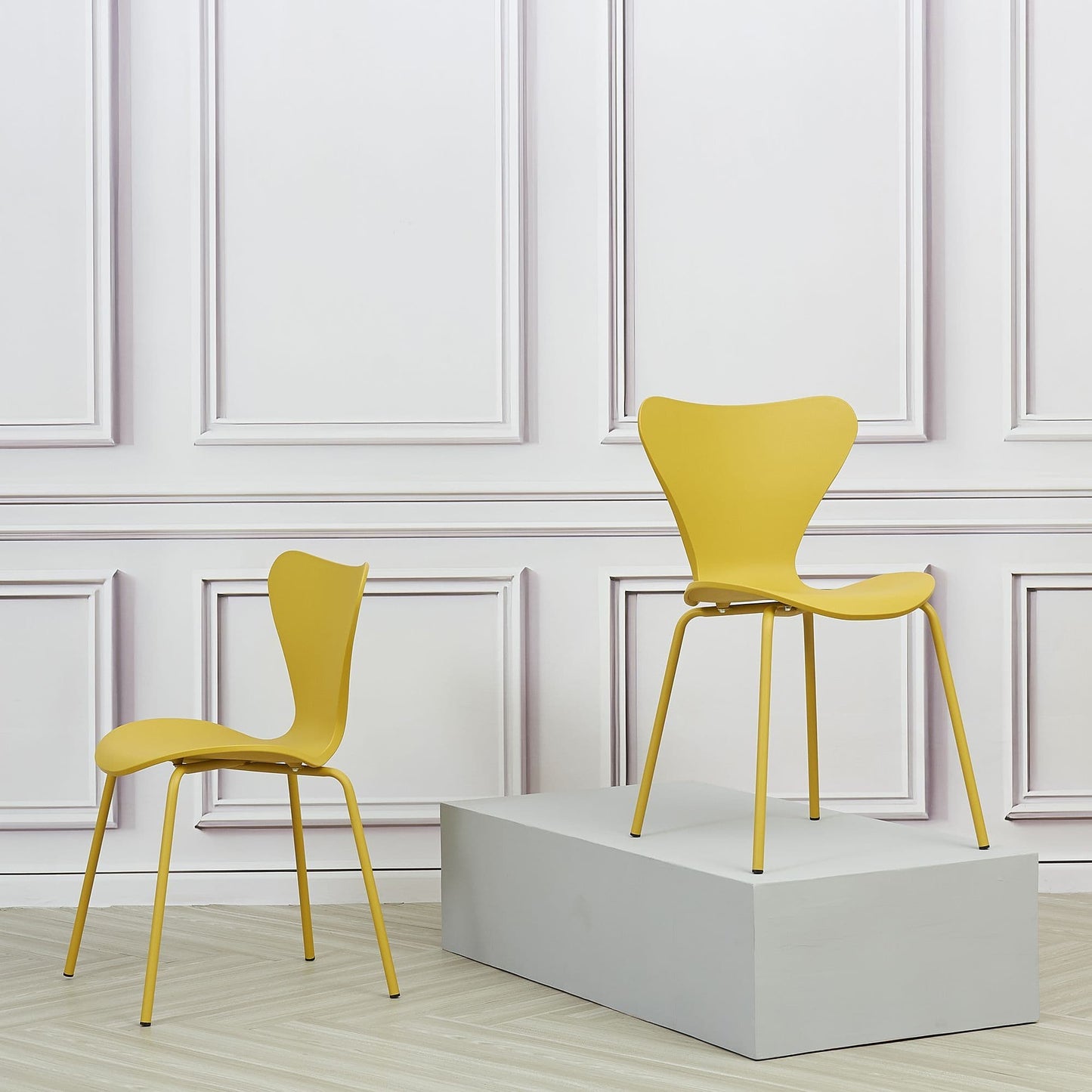 Heyden White Round MDF Dining Table with 2 Yellow Stackable Chairs with Plastic Seat