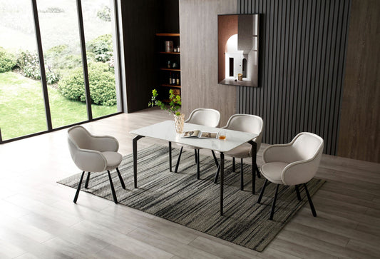 Kayo Rectangular Engineered Marble Dining Table with 4 Claudia Beige Art Deco Chairs