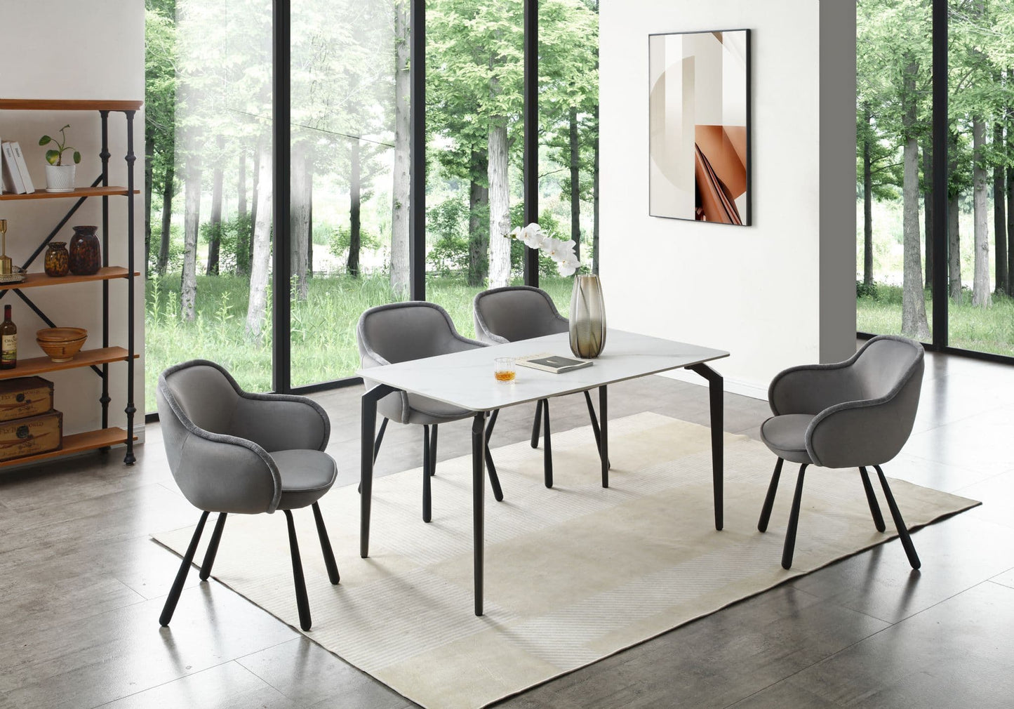 Kayo Rectangular Engineered Marble Dining Table with 4 Claudia Grey Art Deco Chairs