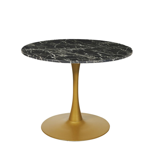 Black Round Artificial Marble Dining Table with Gold Base - 100 cm