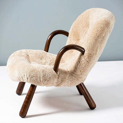 Classic Sheepskin Clam Armchair, Wood Armrest | Weilai Concept