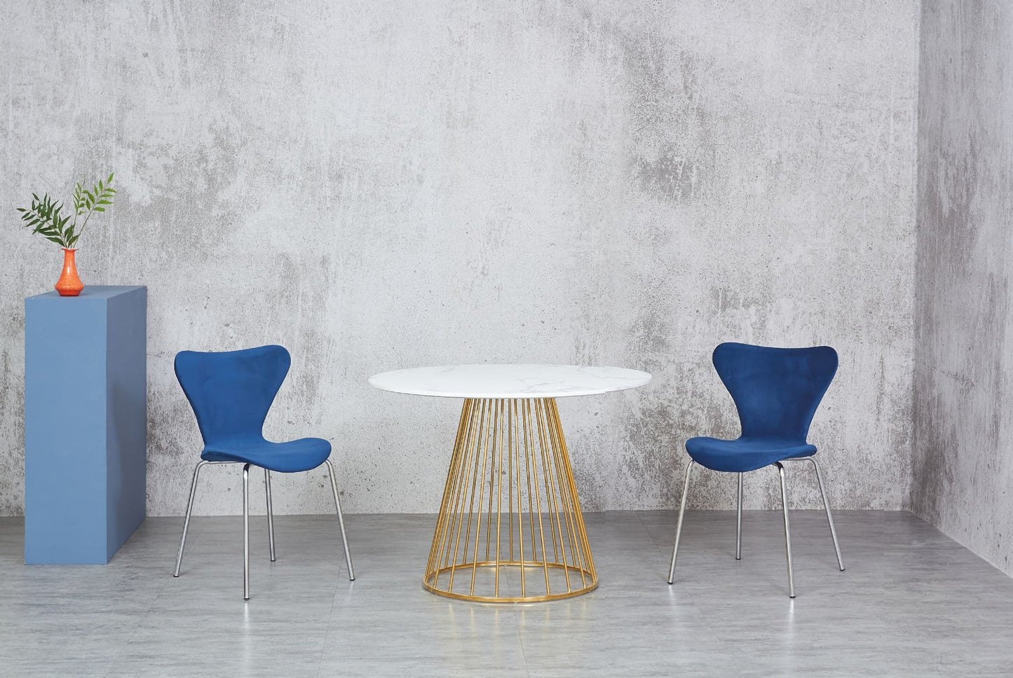 White Liverpool Marble Effect Dining Table with 2 Navy Velvet Chairs