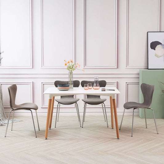 White Rectangular Dining Table with 4 Grey Velvet Stackable Chairs