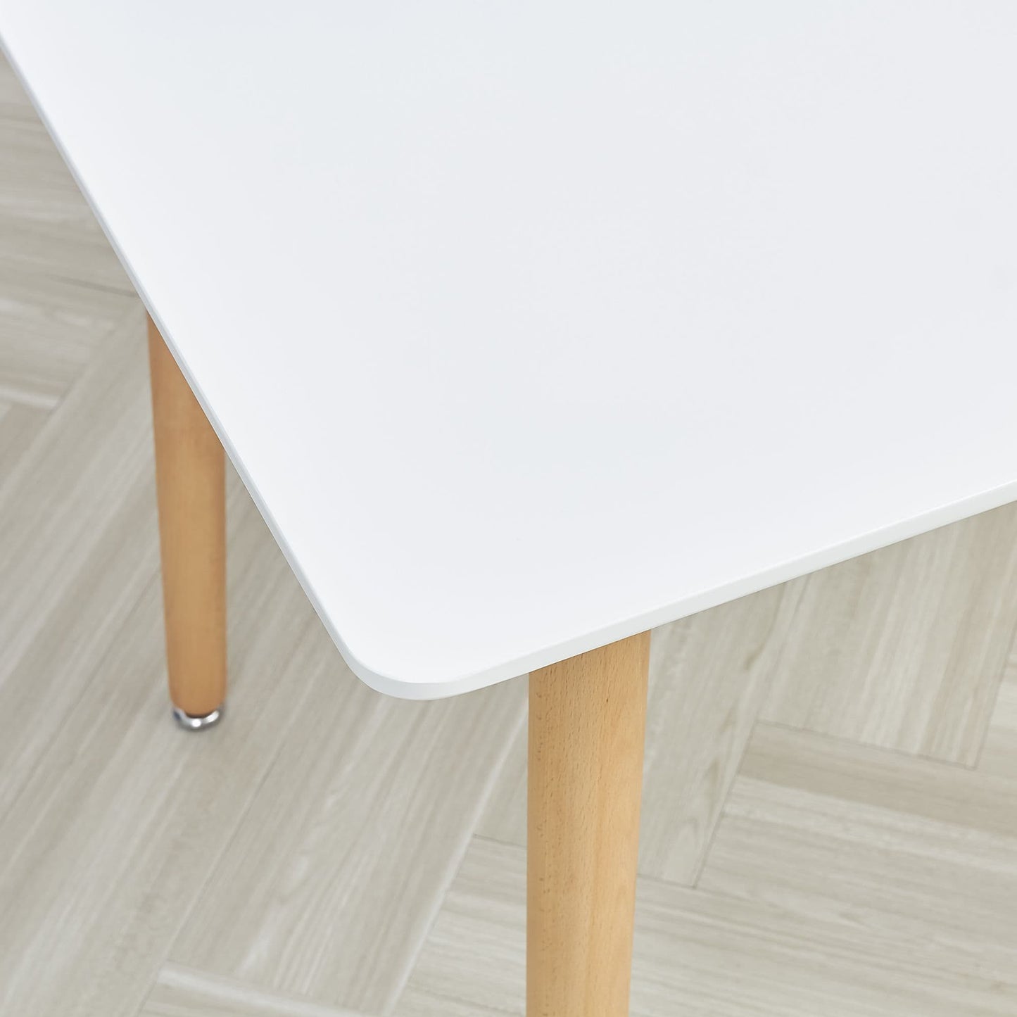 White Rectangular Dining Table with 4 Grey Velvet Stackable Chairs