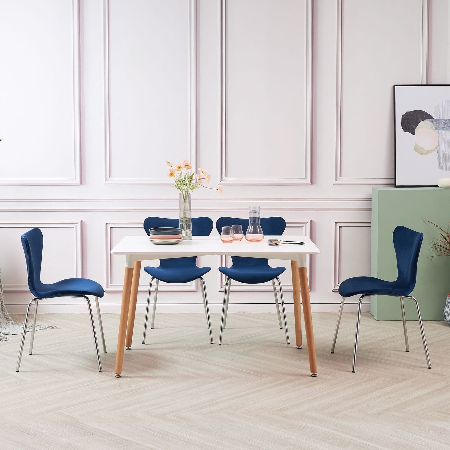 White Rectangular Dining Table with 4 Navy Velvet Stackable Chairs