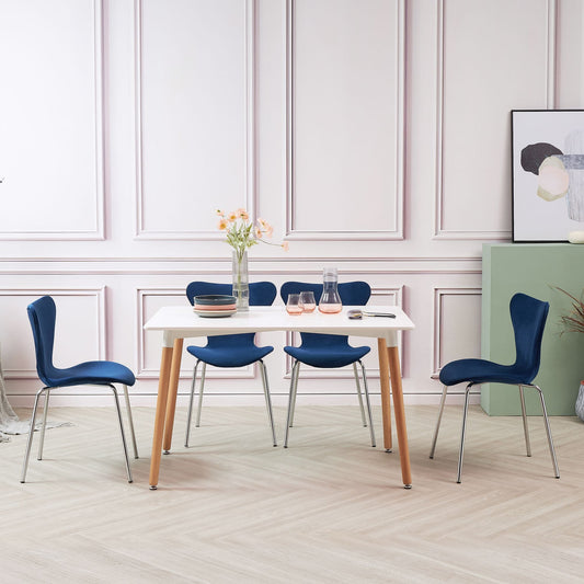 White Rectangular Dining Table with 4 Navy Velvet Stackable Chairs